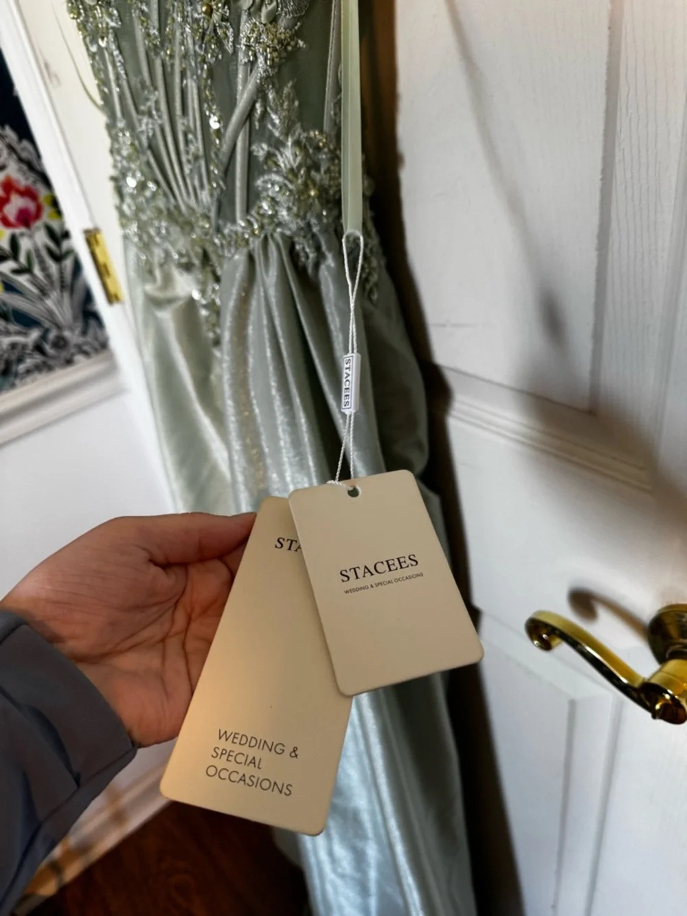 Mermaid V Neck Sheer Beaded Corset Slit Prom Dress with Side Draping Sage NWT 0 - Picture 6 of 9